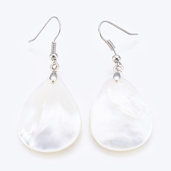 White Shell Dangle Earrings, with Brass Findings, teardrop, Platinum, 52.5~53.5mm, Pin: 0.7mm