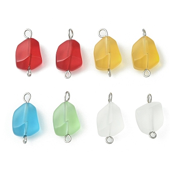Transparent Frosted Glass Connector Charms, Nuggets Links with Stainless Steel Color Double Loops, Mixed Color, 23x11.5x8.5mm, Hole: 1.8mm and 3mm