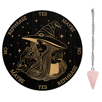 AHADEMAKER Dowsing Divination Supplies Kit, Including PVC Plastic Pendulum Board, 304 Stainless Steel Cable Chain Necklaces, Cone/Spike Natural Rose Quartz Stone Pendants, Witch Pattern, Board: 200x4mm