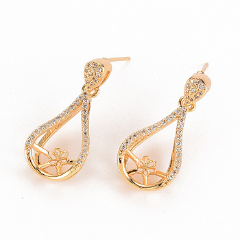 Brass Micro Pave Clear Cubic Zirconia Earring Findings, for Half Drilled Beads, Nickel Free, Teardrop, Real 18K Gold Plated, 26.5x11.5mm, Pin: 0.7mm, Pin: 0.7mm(for half drilled beads)