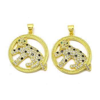 Real 18K Gold Plated Brass Pendants, with Cubic Zirconia, Flat Round with Leopard Charms, Colorful, 26x23.5x3.5mm, Hole: 4x3.5mm