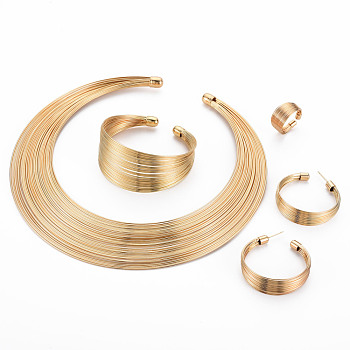 Electrophoresis Carbon Steel Multi-layer Wire Jewelry Set, Collar Necklace & Open Cuff Bangle & C-shape Stud Earrings & Cuff Finger Ring for Women, Golden, Inner Diameter: 4.65 inch(11.8cm), 2.24 inch(57mm), 40mm, Pin: 0.6mm, Inner Diameter: 18mm