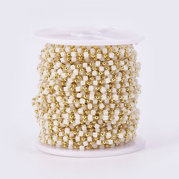 Handmade Glass Beaded Chains, Soldered, with Brass Findings, with Spool, Long-Lasting Plated, Golden, Cube, White, 2.3~2.8x2.3~2.8x2.3~2.8mm, 2mm, about 32.8 Feet(10m)/roll