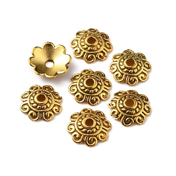 Tibetan Style Alloy Bead Caps, Multi-Petal, Flower, Antique Golden, 10x2.5mm, Hole: 1.6mm