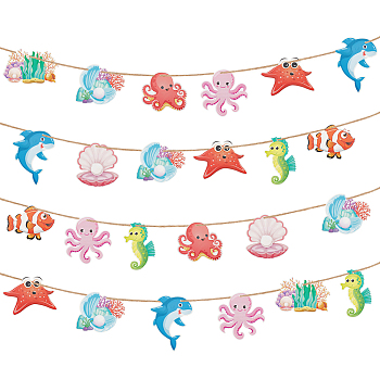 Ocean Theme Sea Animal Pendant Decoration, with Rope, for Children's Birthday Party Decoration, Mixed Color, 80x109x0.3mm, Hole: 4mm