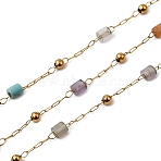 Handmade 304 Stainless Steel Mixed Stone Column Link Chains, Soldered, with 316 Stainless Steel Cable Chains & Spool, Ion Plating(IP), Real 18K Gold Plated, Beads: 2.5x2mm & 2mm(CHS-L032-18G)