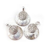 Shell Pendants, Spiritual Charms, with Platinum Tone Brass Findings, Flat Round with Flower of Life/Sacred Geometry, 32~32.5x28x7~7.5mm, Hole: 5x8mm(X-KK-F751-M-B03)