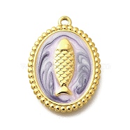 304 Stainless Steel Enamel Pendants, Oval with Fish Charm, Real 18K Gold Plated, Lilac, 23x17x2mm, Hole: 1.4mm(STAS-Q347-08A-G)