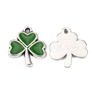 Alloy Enamel Pendants, Irish Charms, Shamrock, Antique Silver, Green, 20x17x1.5mm, Hole: 2mm(ENAM-N038-11D)