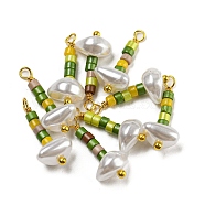 ABS Plastic Imitation Pearl Pendants, with Real 18K Gold Plated Brass Loops and Glass Seed Beads, Dark Olive Green, 18.5~19.5x8x5.5mm, Hole: 1.6mm(KK-C046-01A)
