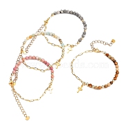 Charm Bracelets, with Natural Gemstone Beads, 304 Stainless Steel Cross Charms, Brass Paperclip Chains & Round Beads, 7-5/8 inch(19.3cm)(BJEW-JB05336)