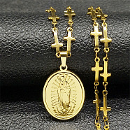 304 Stainless Steel Miraculous Medal Virgin Pendant Cross Link Chain Necklaces, Golden, 18.27 inch(46.4cm)(NJEW-S440-13G)