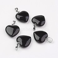 Natural Black Agate Pendants, Dyed, Heart, with Brass Findings, Platinum, 22~23x20~20.5x6~7.5mm, Hole: 5x8mm(X-G-G956-B04-FF)