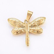 304 Stainless Steel Pendants, Dragonfly, Golden, 27x36x4mm, Hole: 10x5mm(STAS-H458-35G-A)