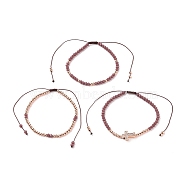 Adjustable Nylon Cord Braided Bead Bracelets Sets, with Glass Seed Beads, Brass Round Beads and Brass Micro Pave Clear Cubic Zirconia Cross Beads, Old Rose, Inner Diameter: 2-1/4~ 4-1/8 inch (5.6~10.5cm), 3pcs/set.(BJEW-JB05735-01)