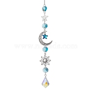 Glass Pendant Decorations, With Alloy Finding, Star with Moon, Blue, 300mm(HJEW-TA00128-03)