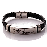 Braided Leather Cord Bracelets, Constellation Bracelet for Men, Cancer, 8-1/4 inch(21cm)(PW-WG99416-04)