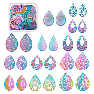 48 Pcs 12 Styles 201 Stainless Steel Filigree Pendants, Etched Metal Embellishments, Teardrop, Rainbow Color, 4pcs/style(STAS-FW0001-12)