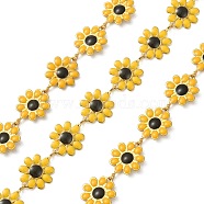 304 Stainless Steel Daisy Flower Link Chains with Enamel, Unwelded, with Spool, Golden, Yellow, 14x10x1mm, about 3.28 Feet(1m)/Roll(AJEW-CJ0001-22A)