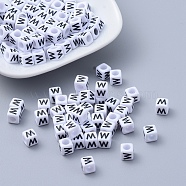 Letter W White Letter Acrylic Cube Beads, Horizontal Hole, Size: about 6mm wide, 6mm long, 6mm high, hole: 3.2mm, about 300pcs/50g(X-PL37C9308-W)