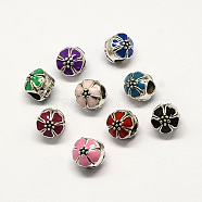 Perles européennes alliage émail fleur de style grand trou, argent antique, couleur mixte, 10x11mm, Trou: 4mm(MPDL-R036-51)