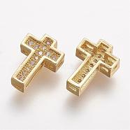Brass Micro Pave Cubic Zirconia Beads, Cross, Clear, Golden, 10.5x7.5x3mm, Hole: 1mm(ZIRC-N025-55G)