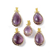 Natural Amethyst Big Pendants, Teardrop Charms with Rack Plating Golden Plated Copper Wire Wrapped, Cadmium Free & Lead Free, 45~53x22~29x13.5~19mm, Hole: 5~8xx3~5mm(G-L524-11G)