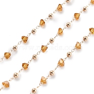 Handmade Brass & Glass Bead Chains, for Necklaces Bracelets Making, Long-Lasting Plated, Soldered, with Spool, Dark Orange, 4.5x4.5x3mm, about 16.40 Feet(5m)/Roll(CHC-L051-03KCG-05)