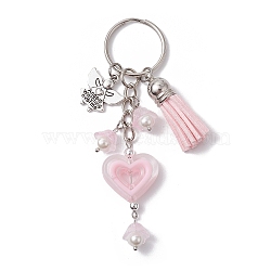 Heart Acrylic Keychain,  with Faux Suede Tassel & Angel Alloy Pendants and Iron Split Key Rings, Misty Rose, 9.8cm, Pendants: 15~47x10~23x6mm(KEYC-JKC00711-02)