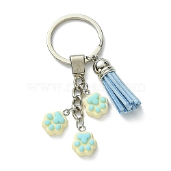 Resin Keychain, with Alloy Rings, Tassel Pendant, Paw Print, Pale Turquoise, 8cm(KEYC-YW00012-02)