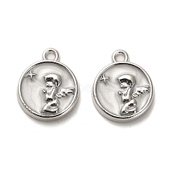 Alloy Enamel Pendants, Flat Round with Angel Charm, Platinum, 17x14x3mm, Hole: 1.6mm(ENAM-R145-04P)