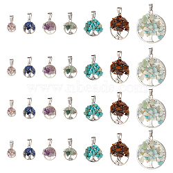 28Pcs 7 Styles Mixed Gemstone Pendants, Tree of Life Charms, with Antique Silver Alloy Findings, 13~38mm, 4pcs/style(PALLOY-AB00215)