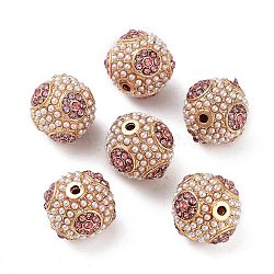 Golden Plated Alloy Rhinestone Beads, with ABS Imitation Pearl, Round, Light Rose, 15x14mm, Hole: 1.6mm(FIND-E046-14G-01)