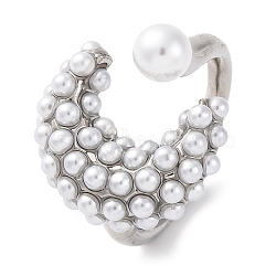 Rack Plating Moon Brass ABS Imitation Pearl Open Cuff Rings for Women, Lead Free & Cadmium Free, Long-Lasting Plated, Platinum, 3mm,US Size 6(16.5mm)(RJEW-S242-07P)