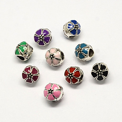 Alloy Enamel Flower Large Hole Style European Beads, Antique Silver, Mixed Color, 10x11mm, Hole: 4mm(MPDL-R036-51)