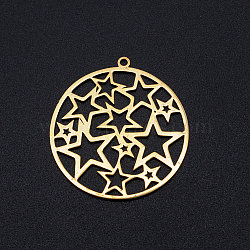201 Stainless Steel Filigree Charms, Flat Round with Star, Golden, 32x30x1mm, Hole: 1.6mm(STAS-T049-T692-2)