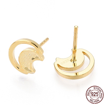 925 Sterling Silver Stud Earrings, Crescent Moon, Nickel Free, with S925 Stamp, Real 18K Gold Plated, 9x8.5mm, Pin: 0.9mm