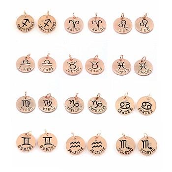 Rose Gold Tone Alloy Pendants,with Crystal Rhinestone, Flat Round with Constellations, 12 Constellations, 22x2.5mm, Hole: 5.5mm