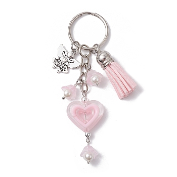 Heart Acrylic Keychain,  with Faux Suede Tassel & Angel Alloy Pendants and Iron Split Key Rings, Misty Rose, 9.8cm, Pendants: 15~47x10~23x6mm