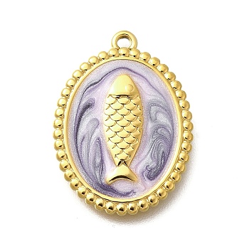 304 Stainless Steel Enamel Pendants, Oval with Fish Charm, Real 18K Gold Plated, Lilac, 23x17x2mm, Hole: 1.4mm