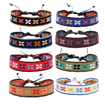 Cotton Flat Cord Bracelets Set, Wax Ropes Braided Ethnic Tribal Adjustable  Bracelets, Flower, 6-7/8 inch(17.5cm), 8pcs/set