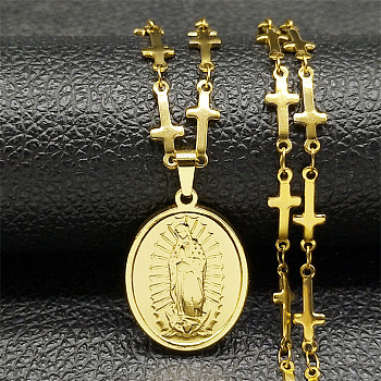 304 Stainless Steel Miraculous Medal Virgin Pendant Cross Link Chain Necklaces, Golden, 18.27 inch(46.4cm)