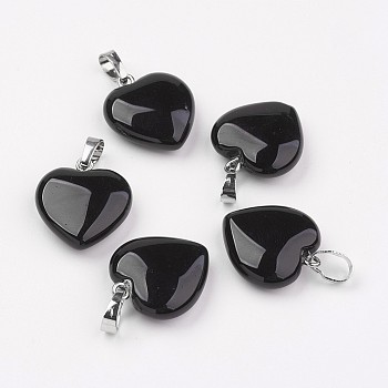 Natural Black Agate Pendants, Dyed, Heart, with Brass Findings, Platinum, 22~23x20~20.5x6~7.5mm, Hole: 5x8mm