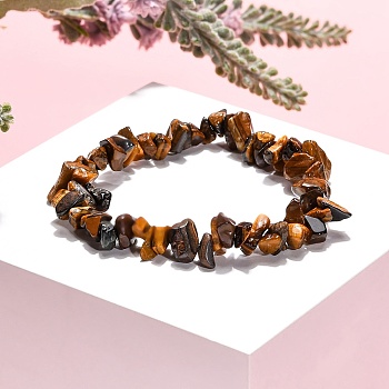 Tiger Eye Chips Stretch Bracelets, Inner Diameter: 2-1/8~2-1/4 inch(5.3~5.6cm)