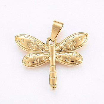 304 Stainless Steel Pendants, Dragonfly, Golden, 27x36x4mm, Hole: 10x5mm