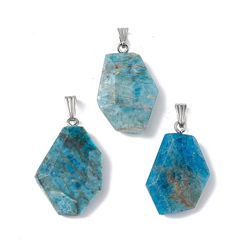 Natural Apatite Pendants, Faceted Polygon Charms, with Stainless Steel Color Plated 201 Stainless Steel Snap on Bails, 21~29x16~23x6~8mm, Hole: 2x7mm