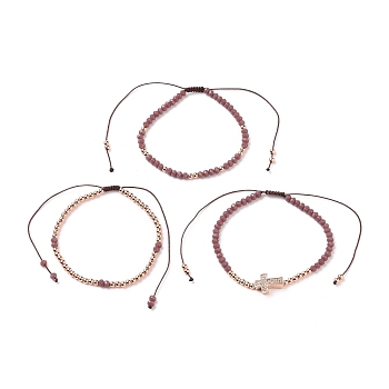 Adjustable Nylon Cord Braided Bead Bracelets Sets, with Glass Seed Beads, Brass Round Beads and Brass Micro Pave Clear Cubic Zirconia Cross Beads, Old Rose, Inner Diameter: 2-1/4~ 4-1/8 inch (5.6~10.5cm), 3pcs/set.