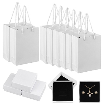 8Pcs Square Paper Gift Boxes, with Black Sponge and 8Pcs Rectangle Cardboard Paper Tote Bags, White, 7.5x7.5x3.5cm