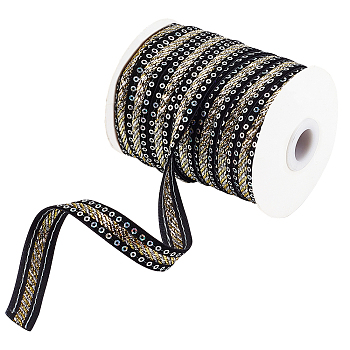 Sparkle Style Polyester Ribbons, Sequin, Black, 15x1mm, about 32.81 Yards(30m)/Roll