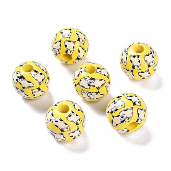 Printed Wood Beads, Round Beads, Yellow, 16x15mm, Hole: 4.3mm